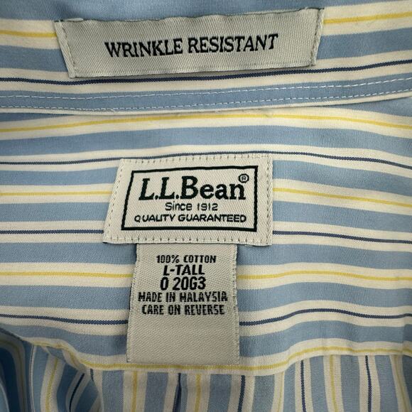 LL Bean Dress Shirt Mens Large Tall Wrinkle Resistant Cotton Blue Yellow Stripes - Picture 3 of 4